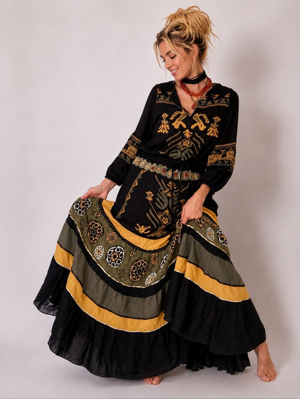 Free People Embroidered maxi Dress Rare Designer Upcycled Cottage Chic - Picture 3 of 13